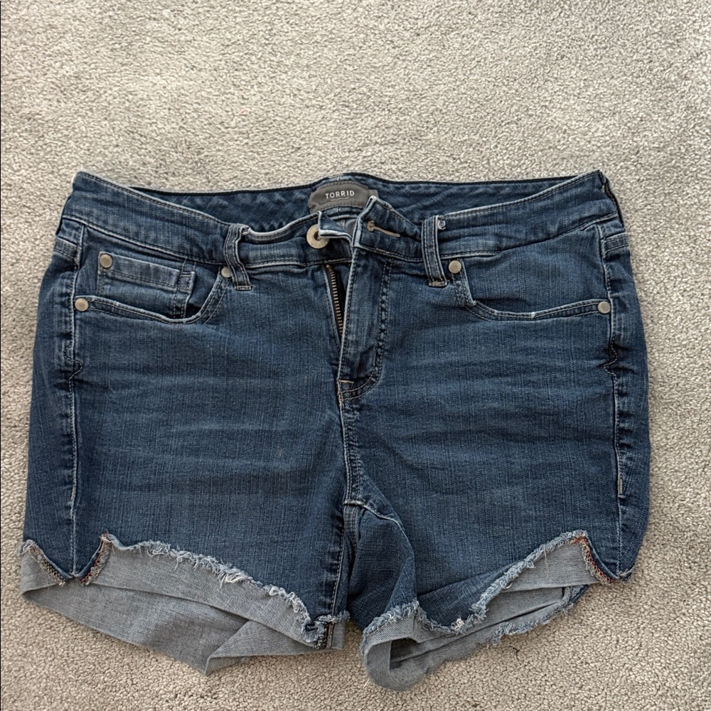 Torrid Dark Blue Jean Shorts with Frayed Hem